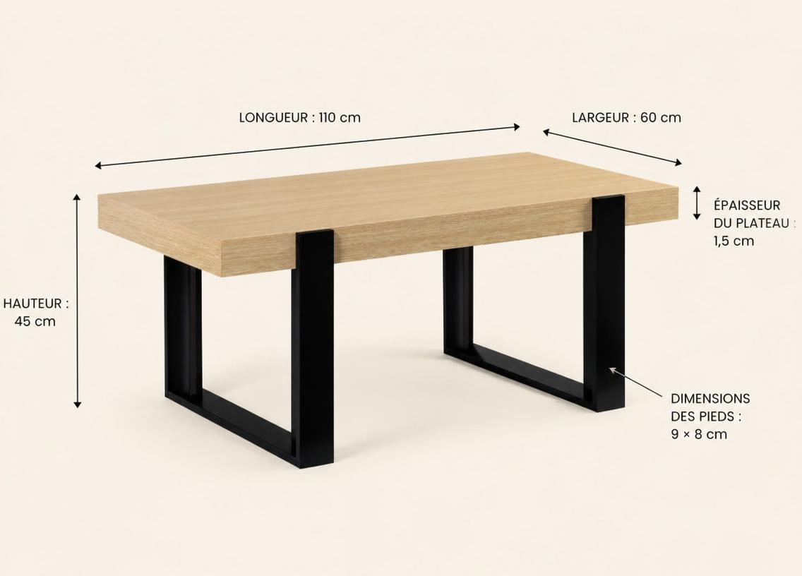 Schéma des dimensions de la table basse rectangulaire NOVA, 110 × 60 × 45 cm