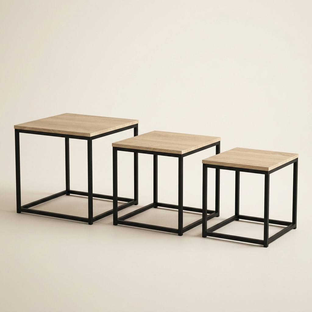 Lot de 3 tables basses gigognes carrées bois et noir MAYA – NEO TABLE
