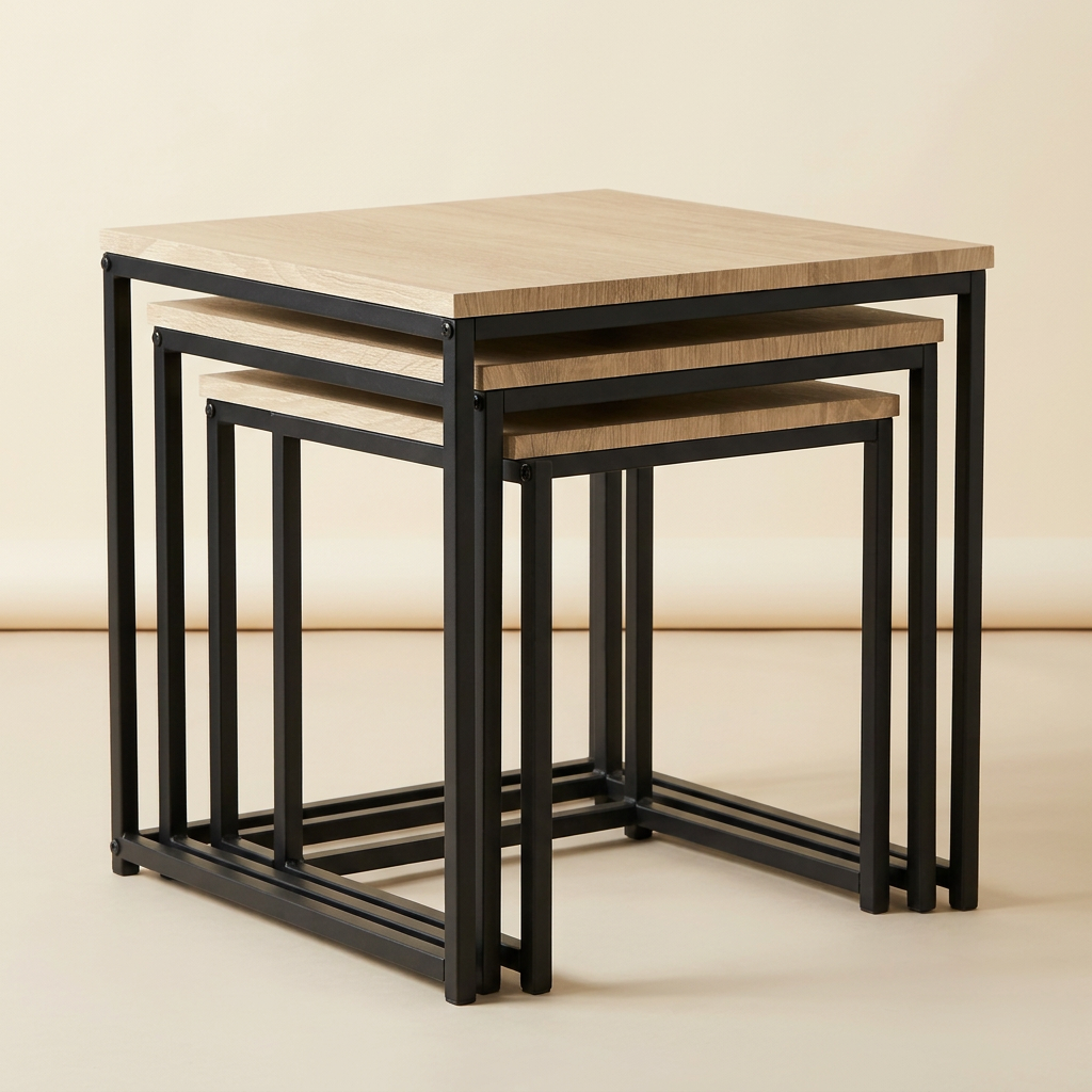 Lot de 3 tables basses gigognes carrées bois et noir MAYA – NEO TABLE