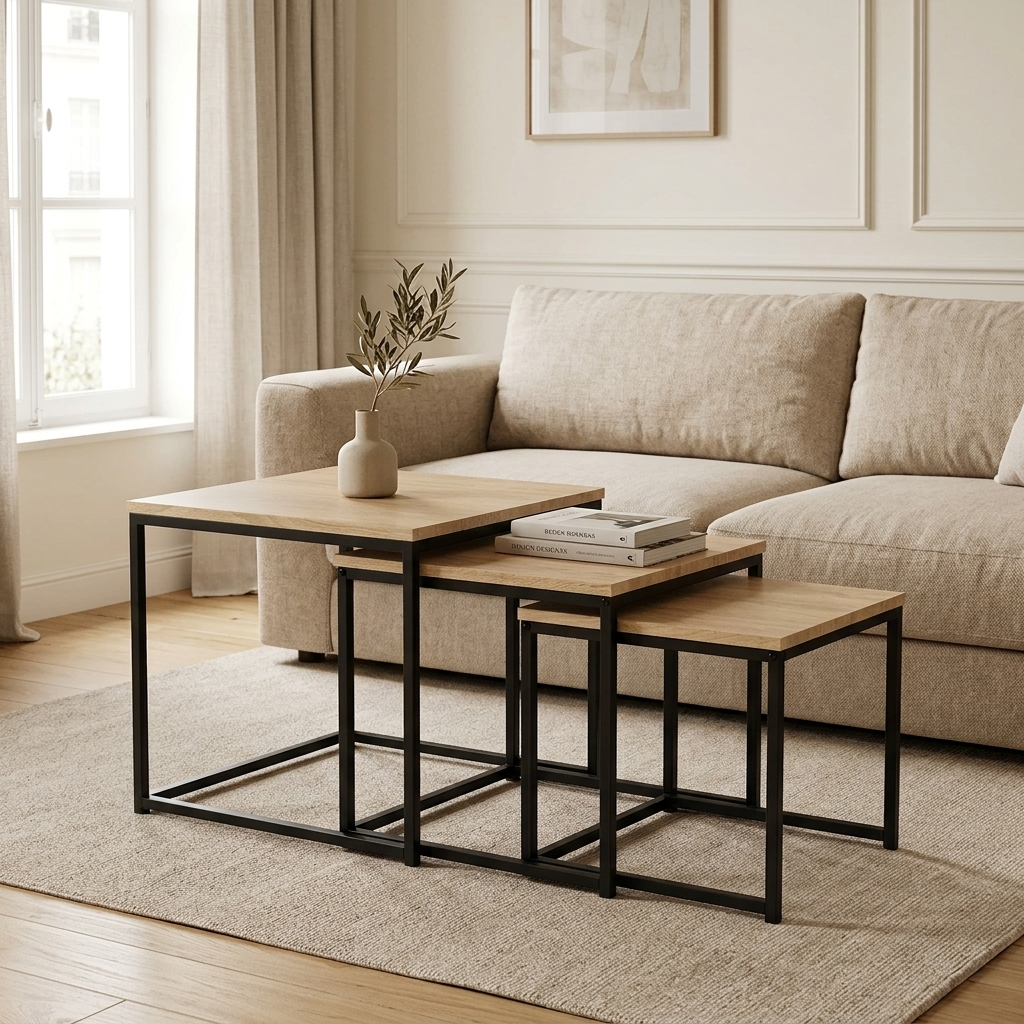 Lot de 3 tables basses gigognes carrées bois et noir MAYA – NEO TABLE