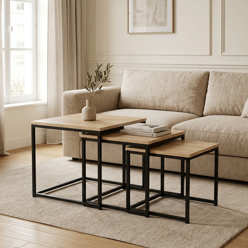 Lot de 3 tables basses gigognes carrées bois et noir MAYA – NEO TABLE