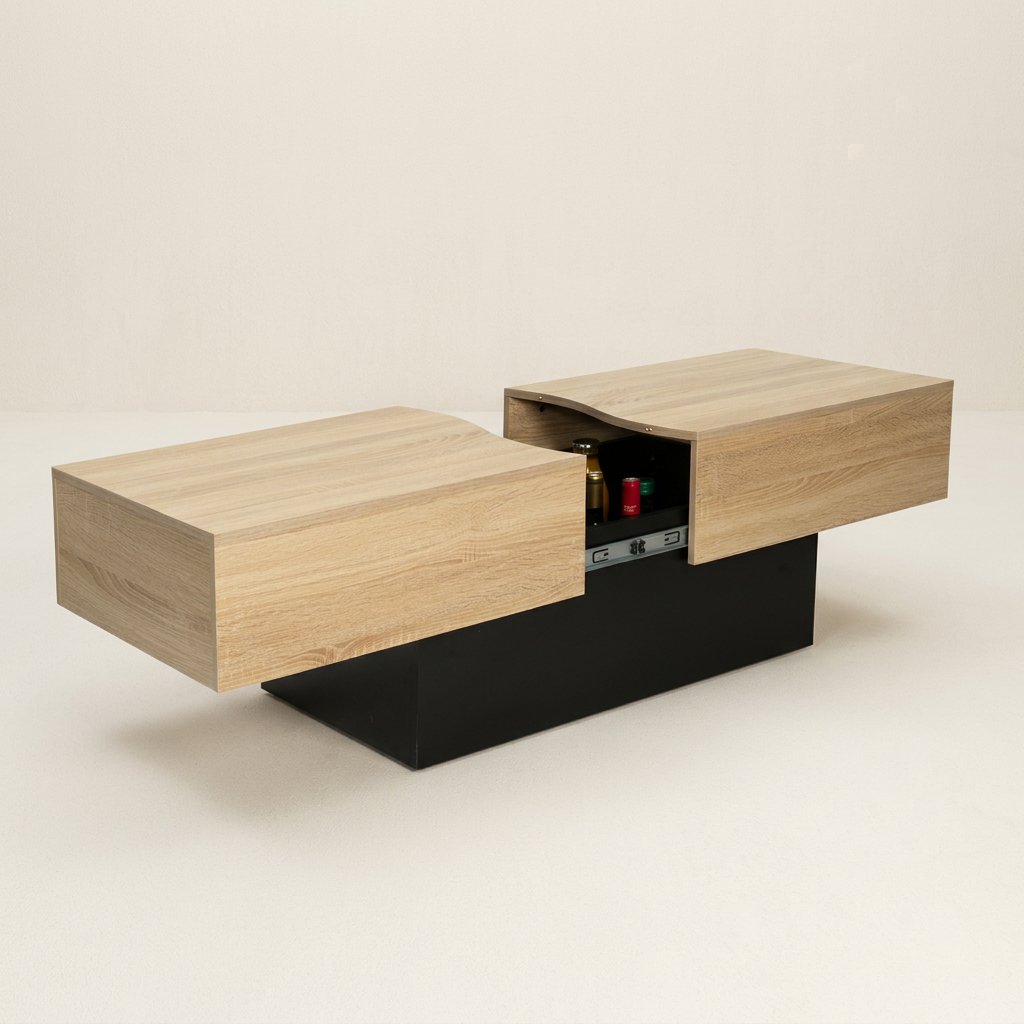 Table basse coulissante avec rangement bois imitation hêtre et noir ELINA – NEO TABLE
