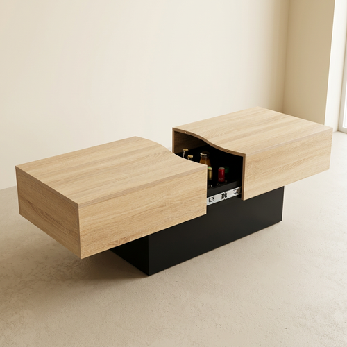 Table basse coulissante avec rangement bois imitation hêtre et noir ELINA – NEO TABLE