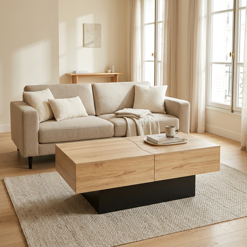 Table basse coulissante avec rangement bois imitation hêtre et noir ELINA – NEO TABLE