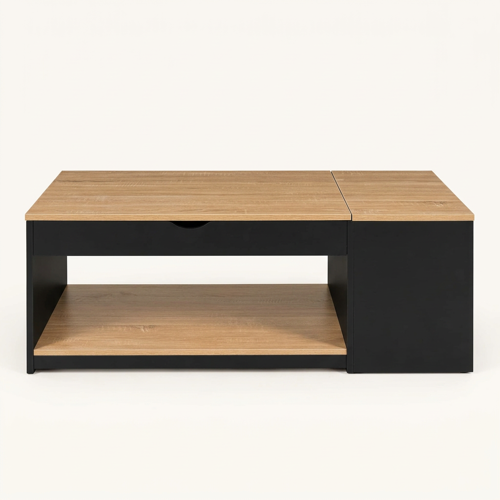 Table basse relevable avec rangement noir et effet hêtre MILA – NEO TABLE