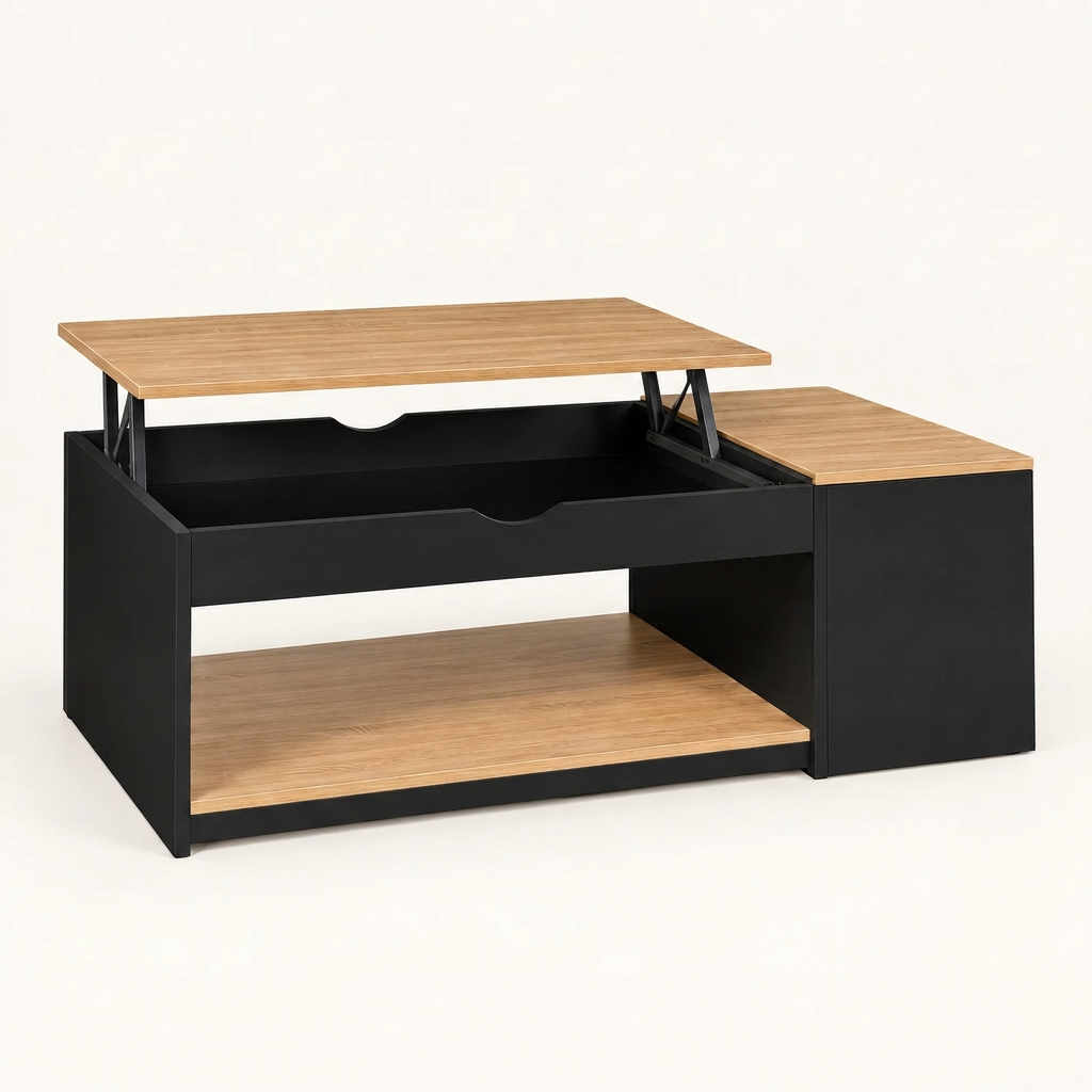 Table basse relevable avec rangement noir et effet hêtre MILA – NEO TABLE