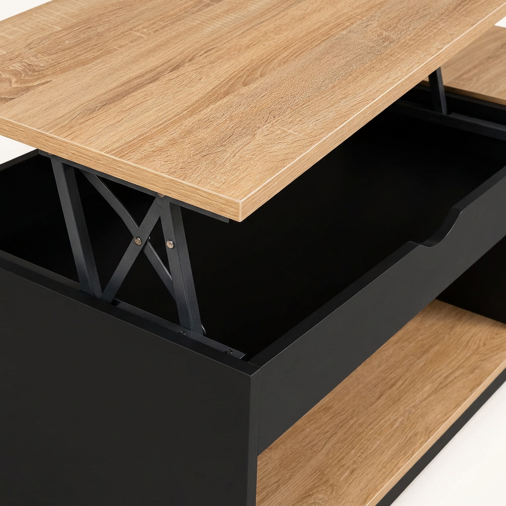 Table basse relevable avec rangement noir et effet hêtre MILA – NEO TABLE