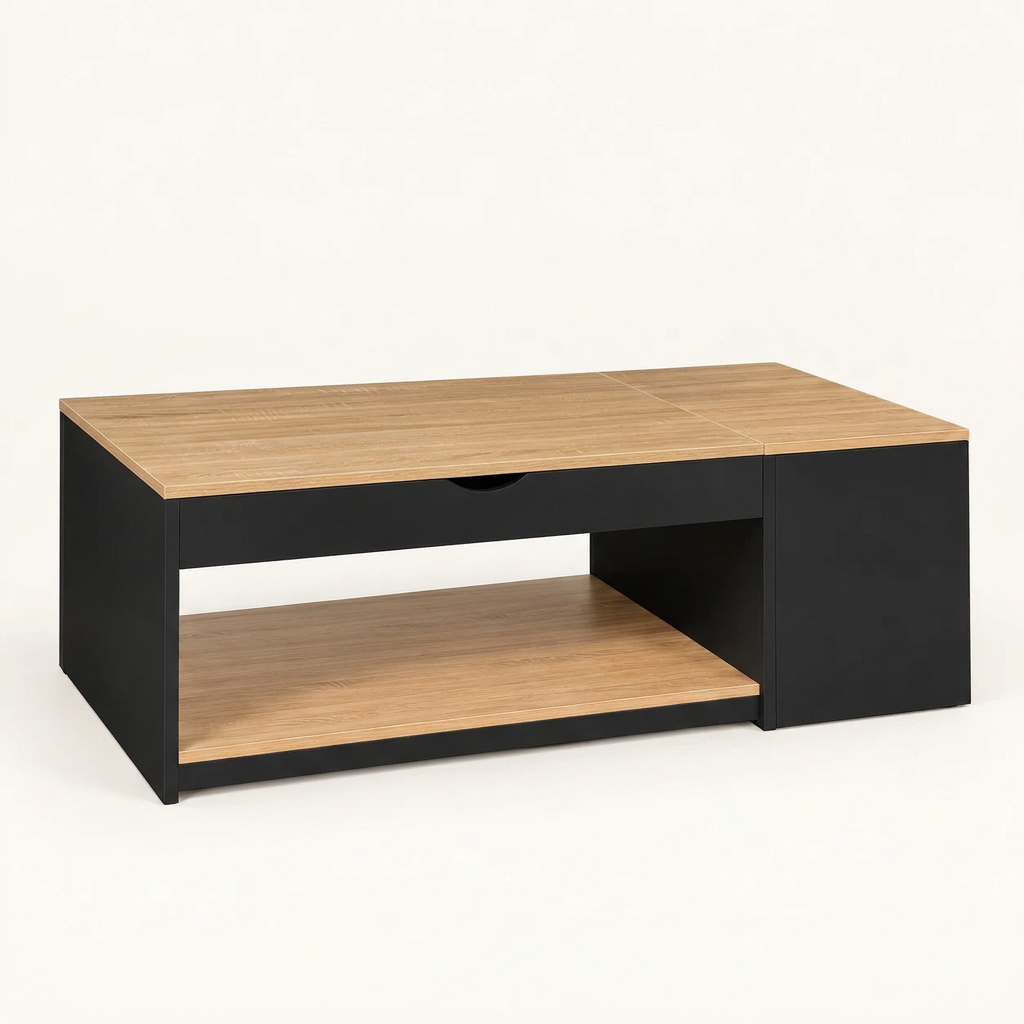 Table basse relevable avec rangement noir et effet hêtre MILA – NEO TABLE