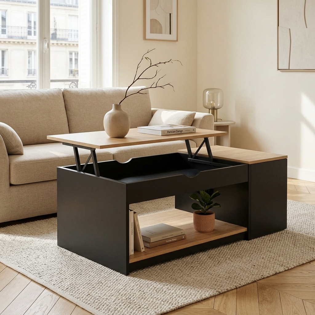 Table basse relevable avec rangement noir et effet hêtre MILA – NEO TABLE