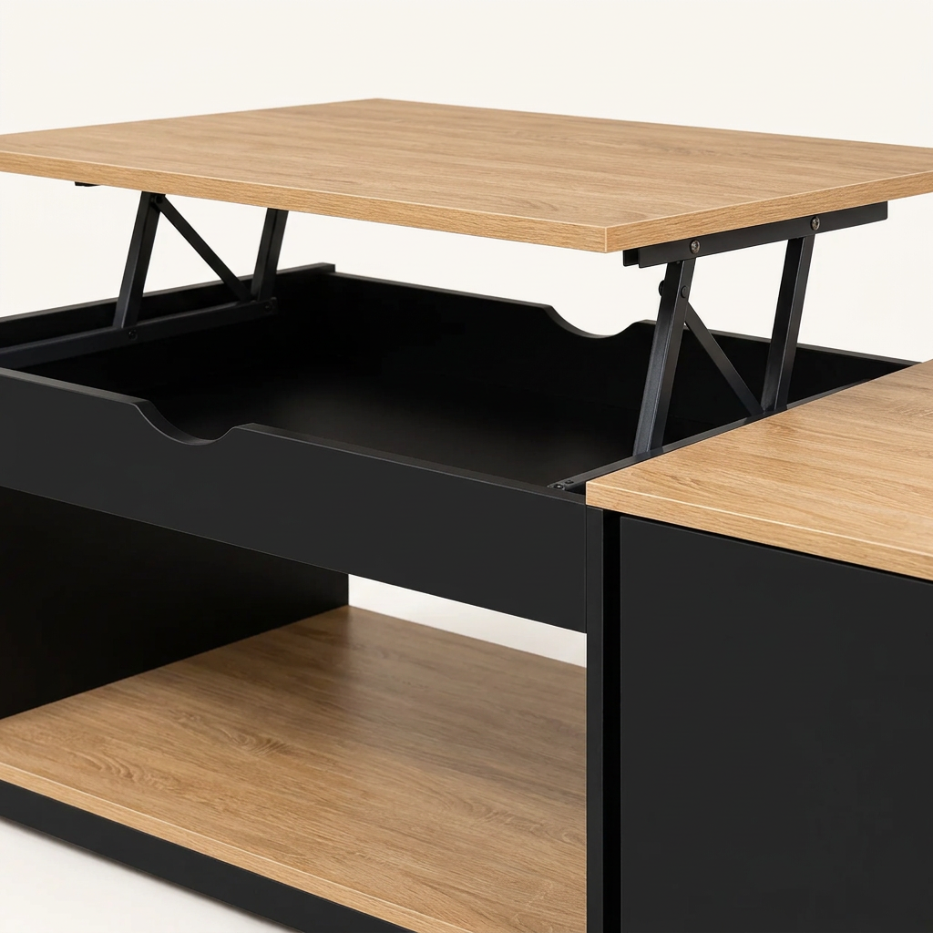 Table basse relevable avec rangement noir et effet hêtre MILA – NEO TABLE