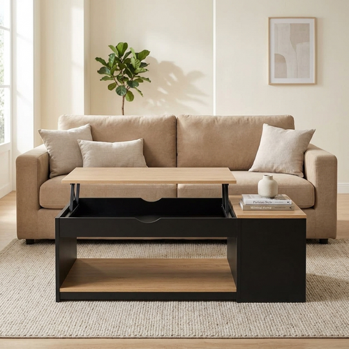 Table basse relevable avec rangement noir et effet hêtre MILA – NEO TABLE