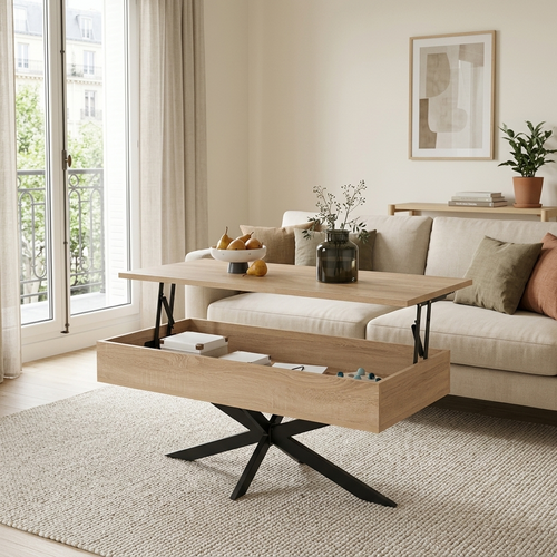 Table basse relevable avec rangement noir et bois ELYA – NEO TABLE