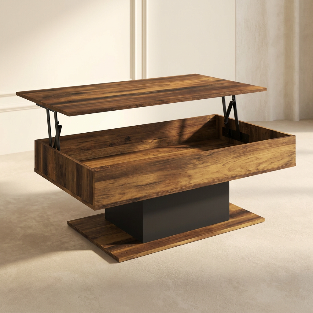 Table basse relevable avec rangement bois foncé et noir SANA – NEO TABLE