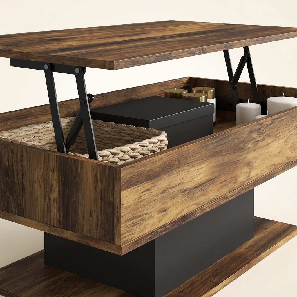 Table basse relevable avec rangement bois foncé et noir SANA – NEO TABLE
