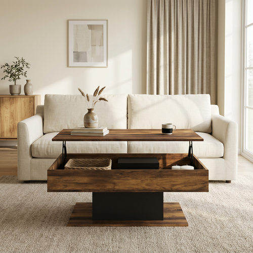 Table basse relevable avec rangement bois foncé et noir SANA – NEO TABLE