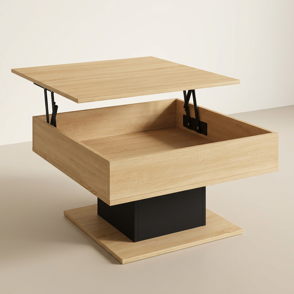 Table basse relevable carrée avec rangement bois et noir NORA – NEO TABLE