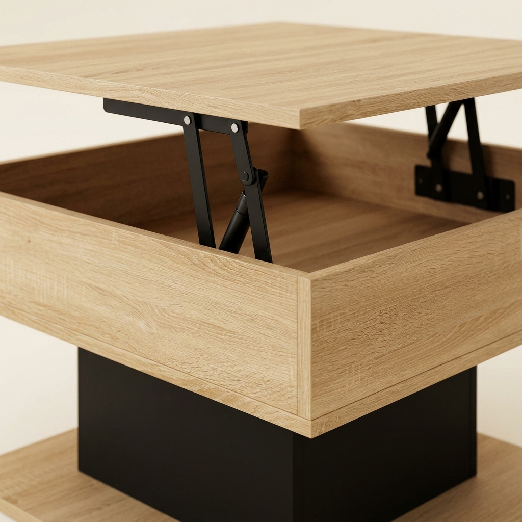 Table basse relevable carrée avec rangement bois et noir NORA – NEO TABLE