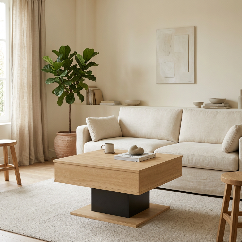 Table basse relevable carrée avec rangement bois et noir NORA – NEO TABLE